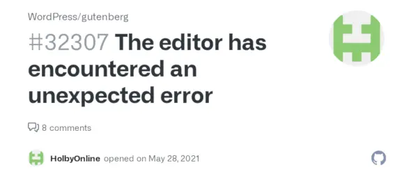 Unexpected error using Gutenberg editor. Source: screenshot