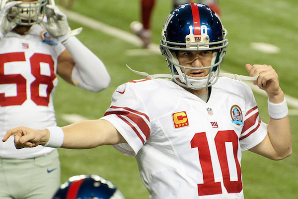 Eli Manning directs his receivers in pregame warmups against the Atlanta Falcons on December 16, 2012 at the Georgia Dome. Photo by Seatacular