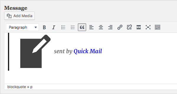 writing a rich text message with Quick Mail WordPress Plugin. Version 3.0.0