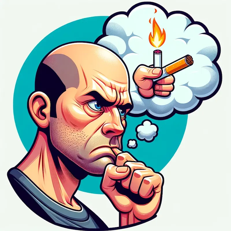 Caucasian male under a cartoonish idea cloud, intensely craving a cigarette